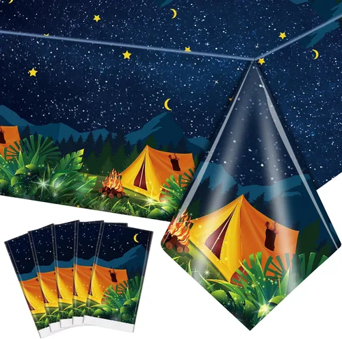 Vista 8 de Chinco Mantel de camping de 3 piezas, decoración de fiesta de campamento de fogata, impermeable, de plástico, rectangular, para picnic, senderismo