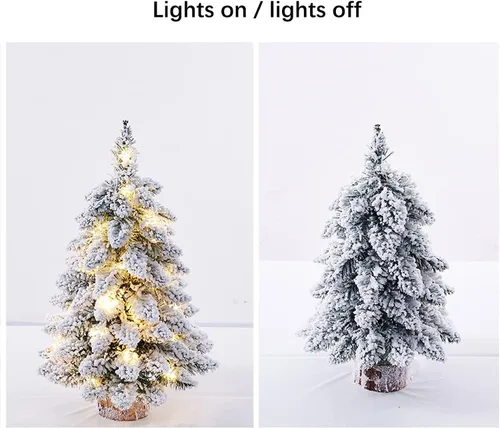 Vista 4 de 2 piezas preiluminado árbol de Navidad de mesa nevado con luces LED, base de madera, mini árbol de pino de Navidad para mesa, escritorio, decoración