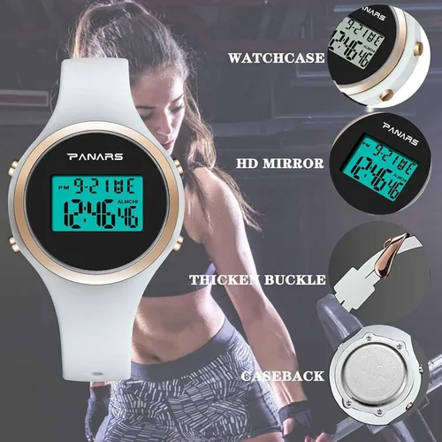 Vista 3 de Reloj de mujer impermeable con alarma, cronógrafo y fecha de día, reloj deportivo de moda blanco con correa de silicona, Blanco, Moderno