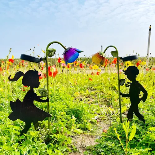 Vista 2 de Paquete de 2 luces solares de jardín, siluetas LED de paisaje para niño y niña, decoración de metal para exteriores, para jardín, paisaje, camino