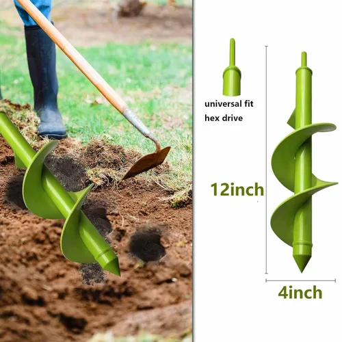 Vista 2 de TCBWFY Broca de barrena de 4"x12" para plantar y cavar hoyos, plantador rápido de bulbos de flores de plantas de jardín, broca de barrena de tierra