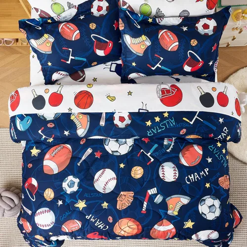 Vista 5 de Juego de edredón deportivo de 7 piezas para niños, suave y esponjoso, juego de ropa de cama de béisbol, tamaño individual con diseño de fútbol 3D