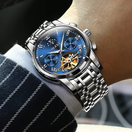 Vista 7 de OLEVS Relojes de cuerda automática para hombre, reloj de pulsera mecánico con diseño de esqueleto Tourbillon, relojes automáticos de acero