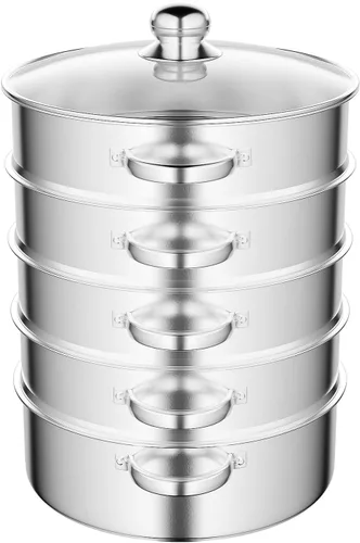 Vista 10 de Vaporizador de acero inoxidable de 5 niveles con sartén apilable y tapa (plata, 10.2 in)