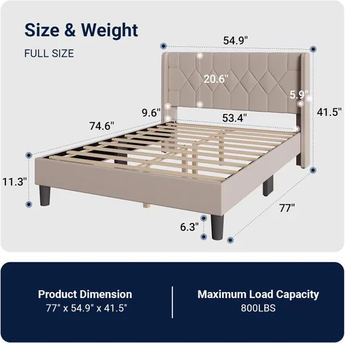 Vista 7 de Avenco Base de cama de tamaño matrimonial, cama tapizada con cabecero alado, fácil montaje sin herramientas y almacenamiento debajo de la cama