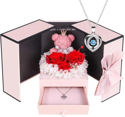 Vista 14 de AddWel Regalos de rosas para mujer, rosas azules reales preservadas con collar I Love You en 100 idiomas y lindo oso de musgo para novia, esposa