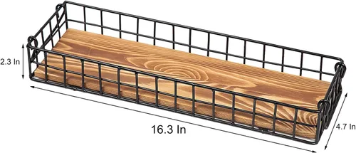 Vista 5 de Bandeja de madera marrón rústica con marco de alambre de metal industrial, asas de malla, caja de exhibición rectangular de madera, mesa de cocina
