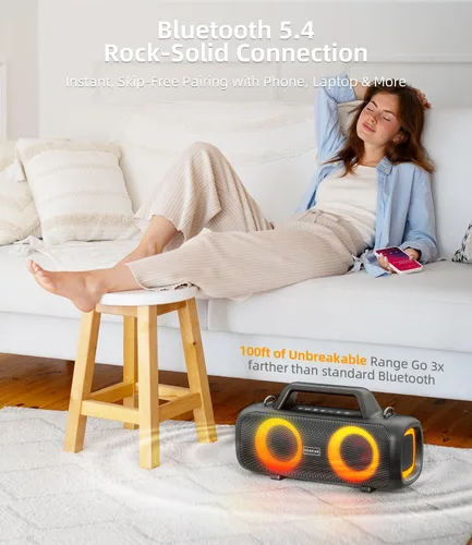 Vista 8 de Altavoz Bluetooth portátil inalámbrico, sonido fuerte de 140 W de pico con 2 subwoofers y refuerzo de graves, altavoz impermeable para exteriores