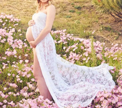 Vista 5 de Wamvp - Vestido de maternidad para sesión de fotos, para mujeres embarazadas, con encaje y hombros descubiertos, vestido de maternidad para sesión