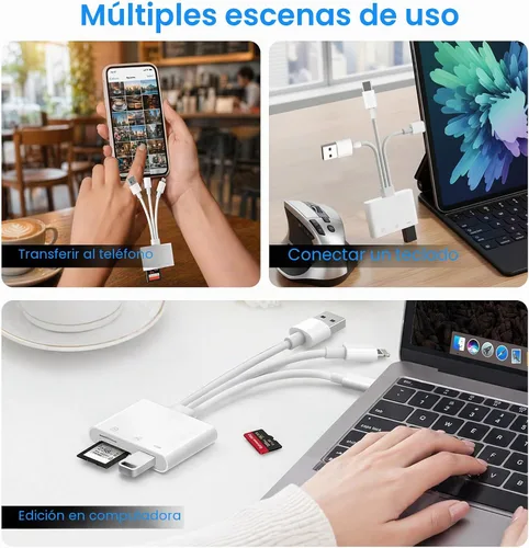 Vista 7 de Lector de tarjetas SD para iPhone, iPad, Mac, USB-C, Lightning y USB-A 3 en 1, adaptador MicroSD/SD, lector de tarjetas de memoria USB C Plug & Play