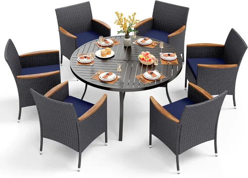 Vista 23 de PHI VILLA Juego de comedor al aire libre de 5 piezas para 4, mesa de comedor cuadrada de metal y sillas de mimbre de ratán con cojines, muebles