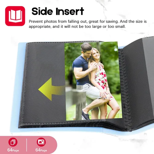 Vista 5 de Paquete de 2 álbumes de fotos de 5 x 7 con capacidad para 64 fotos, páginas interiores negras con banda elástica fuerte, álbum de fotos pequeño de 5