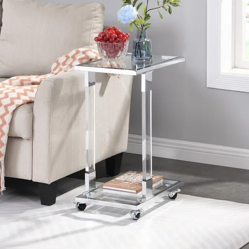 Vista 7 de Mesa auxiliar móvil de vidrio transparente con marco acrílico, moderna mesa auxiliar de sofá en forma de C con ruedas, mesa de aperitivos