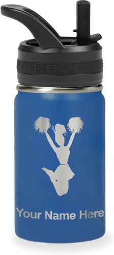 Vista 66 de LaserGram Botella de agua con tapa abatible de doble pared de 12 onzas con pajita, animadora, grabado personalizado incluido (negro)