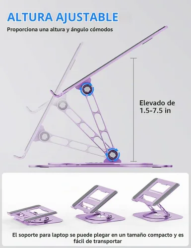 Vista 3 de AOEVI Soporte ajustable para laptop con base giratoria de 360º, ergonómico y plegable, elevador para computadora portátil compatible con MacBook