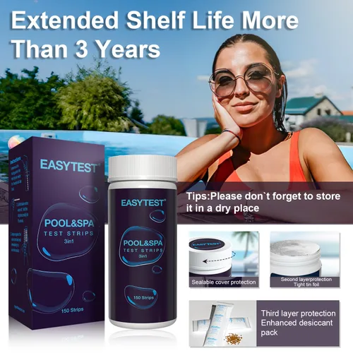 Vista 5 de EASYTEST - Paquete de 150 tiras reactivas para piscinas, spas y jacuzzis; mide pH, alcalinidad total, cloro libre y bromo, kit preciso de 3 en 1