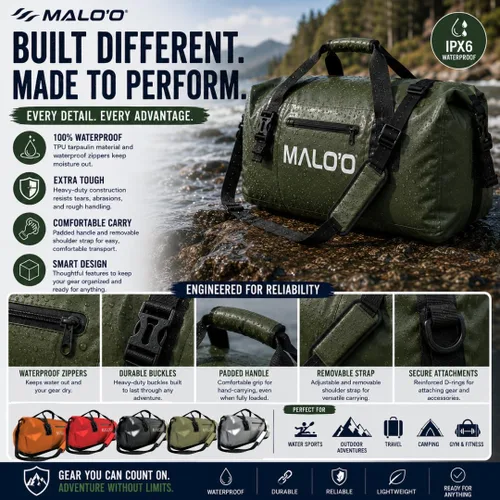 Vista 9 de Bolsa de lona impermeable Malo’o, bolsa de equipo resistente enrollable impermeable con correas para el hombro y bucles Molle, bolsa marina de lona