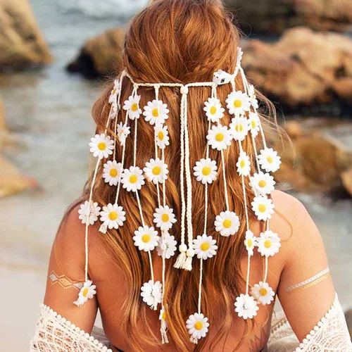 Vista 2 de GORTIN Diadema de girasol iluminada con flores de margarita, accesorios para el cabello hippie bohemio para mujer