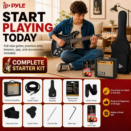 Vista 2 de Pyle Kit de guitarra eléctrica con amplificador, instrumento de tamaño completo con pastillas Humbucker, amplificador de guitarra eléctrica y Negro