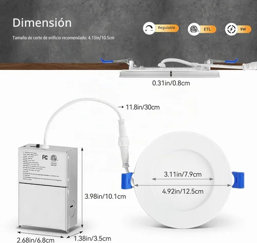 Vista 8 de CycevSun Luces LED Empotradas de 4 Pulgadas con Luz Nocturna - Downlight Wafer Ultrafino Sin Lata para Exteriores, Iluminación de Sofito, Regulable