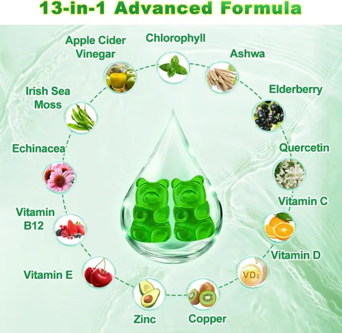 Vista 2 de Gomitas de clorofila – Super Green 13 en 1 con Ashwagandha Vitamina C Zinc y Cobre para Olor Corporal, Energía de la Piel Desodorante de Apoyo