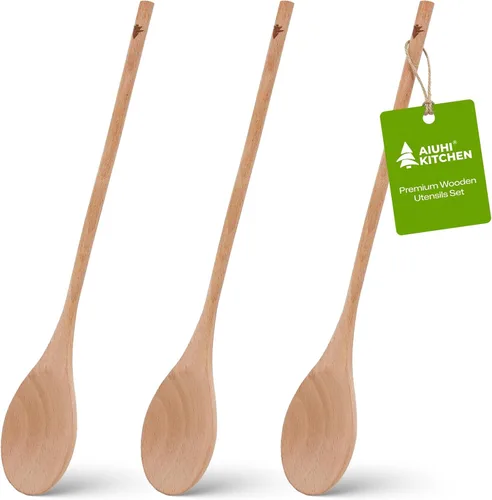 Vista 10 de AIUHI 2 espátulas de madera, mango largo de madera de teca, espátula plana para freír, utensilios de cocina antiadherentes para cocina