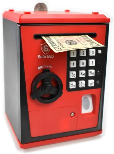 Vista 6 de Caja fuerte para niños con código por huella dactilar, alcancía parlante, caja de ahorros, cajero automático, para dinero real, gran juguete