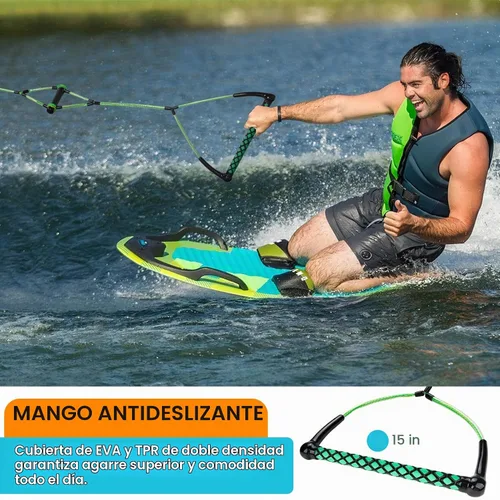 Vista 2 de Obcursco Cuerda Wakeboard, línea de deportes acuáticos con mango EVA. Ideal para esquí acuático, wakeboard, rodillera 2 secciones verde y amarillo