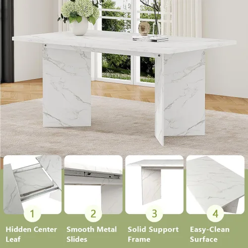 Vista 5 de Juego de mesa de comedor extensible de 63 a 79 pulgadas para 4, juego de mesa de cocina de mármol sintético blanco para 4, juego de mesa de comedor