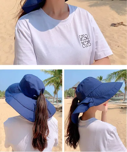 Vista 5 de Sombrero de sol para mujer, protección solar, ala ancha, plegable, sombrero de pescador, protección UV, con deflector de cuello Beige