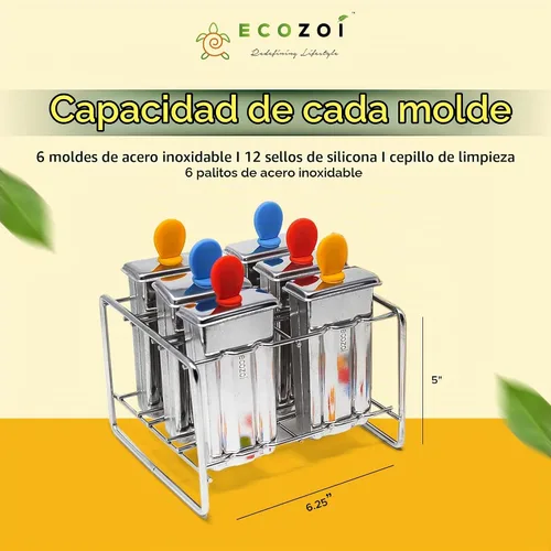 Vista 3 de Ecozoi Moldes de paletas de acero inoxidable – Juego de paletas de metal reutilizables con 6 moldes, 6 varillas, 12 sellos de silicona y cepillo