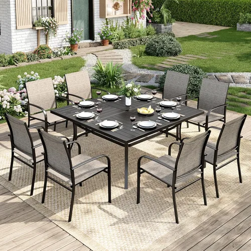 Vista 12 de MIXPATIO - Juego de comedor de patio de 9 piezas, mesa cuadrada de metal de 57.5 pulgadas, 8 sillas de textileno Azul