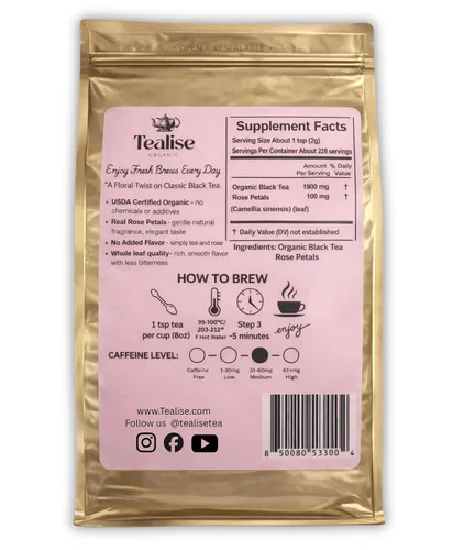 Vista 2 de Té negro rosa orgánico hoja suelta – hoja entera, orgánico USDA, aroma floral suave, té negro rico en antioxidantes, 1 libra (16.08 oz) por Tealise