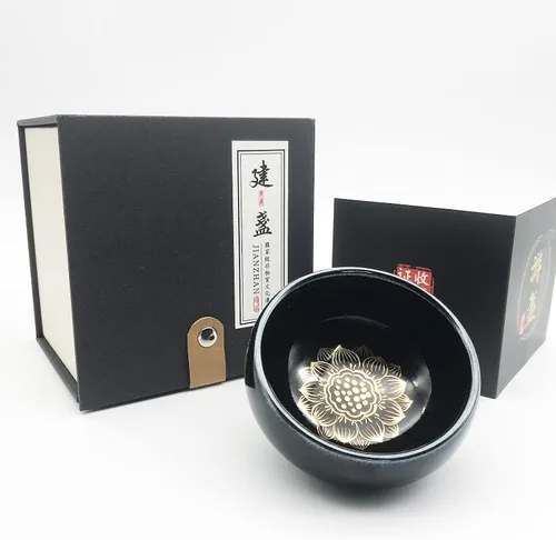Vista 23 de Taza de té Jianzhan de porcelana negra Wujin Tenmoku Taza hecha a mano China Gongfu Cha Taza Patrón de dragón dorado