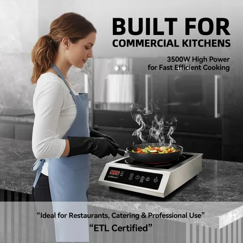 Vista 2 de Cocina de inducción comercial de 3500 W, quemador portátil de 240 V para encimera con 10 niveles de potencia, 12 ajustes de temporizador, control