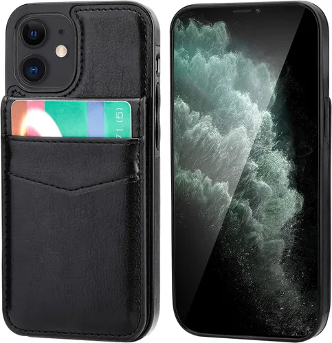 Vista 3 de KIHUWEY - Funda tipo cartera para iPhone 12 Mini, soporte para tarjetas, color negro Ranuras para tarjetas de crédito, piel sintética, cierre