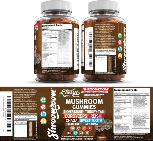 Vista 11 de Gomitas de hongos 15 en 1 con melena de león, cola de pavo Cordyceps Reishi Chaga Sweet Toot Maitake Meshima Poria Cocos Shiitake Tremella, hongos