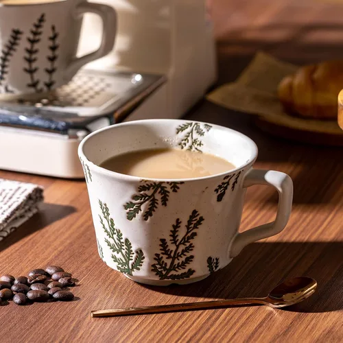 Vista 5 de Juego de 4 tazas de café con cuchara dorada, taza de cerámica pintada a mano de estilo antiguo de 11 onzas para hombres y mujeres, regalos únicos