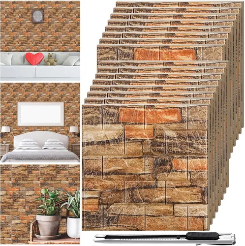 Vista 8 de Colarr 60 Piezas 58 Pies Cuadrados Paneles de Pared 3D Despegar y Pegar Papel Tapiz de Ladrillo 3D de Espuma Sintética Panelado Sintético Paneles