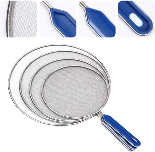 Vista 9 de 4 piezas de acero inoxidable cubierta de aceite de malla de metal protector de salpicaduras de aceite con asas azules resistente al calor protector