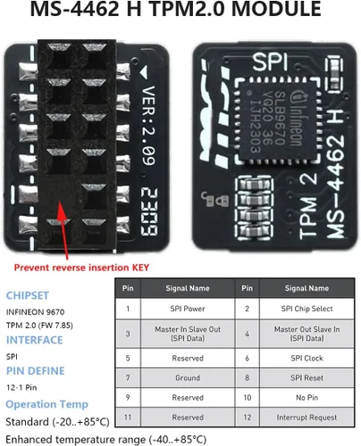 Vista 2 de TPM2.0 Módulo de seguridad 12Pin -SPI M S I (12-1) Plataforma confiable para M S I MS -4136-4462