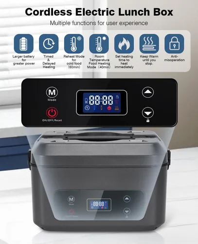 Vista 2 de Fiambrera eléctrica inalámbrica para adultos, lonchera calentada a pilas con calefacción de 5 lados, calentador de alimentos portátil con recipiente