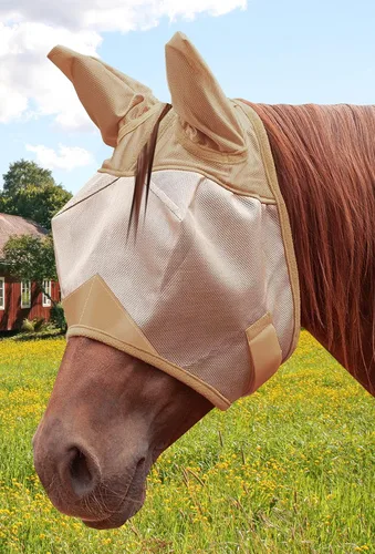 Vista 2 de ECP Equine Comfort Products Máscara de mosca de caballo con orejas, protección UV, protector de insectos, correa ajustable, micro malla Beige