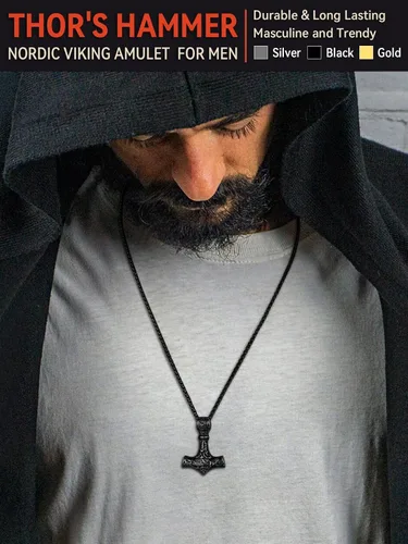 Vista 3 de FaithHeart - Collar con talismán de martillo de Thor vikingo para hombre, amuleto nórdico vintage de Mjolnir, colgante con cadena de trigo