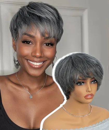 Vista 11 de QUEEN VIRGIN REMY QVR - Peluca de cabello humano con corte Pixie con flequillo, pelucas cortas para mujeres negras, cabello humano de diferentes
