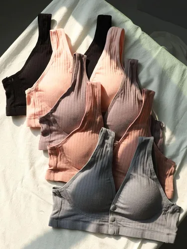Vista 3 de OYOANGLE Sujetador de maternidad para mujer, 5 piezas, con botones frontales, cómodo, sin varillas, para lactancia materna