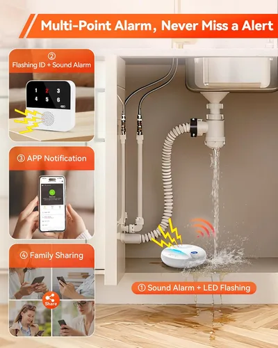 Vista 6 de PILSAMAS Detector de fugas de agua WiFi, paquete de 4 unidades (sirena) + concentrador Samrt con pantalla de números para identificar fugas, alarma