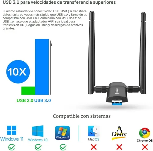 Vista 8 de Nineplus Adaptador WiFi USB inalámbrico para PC - 1300 Mbps Antenas duales 5Dbi 5G/2.4G Adaptador WiFi para PC de escritorio portátil