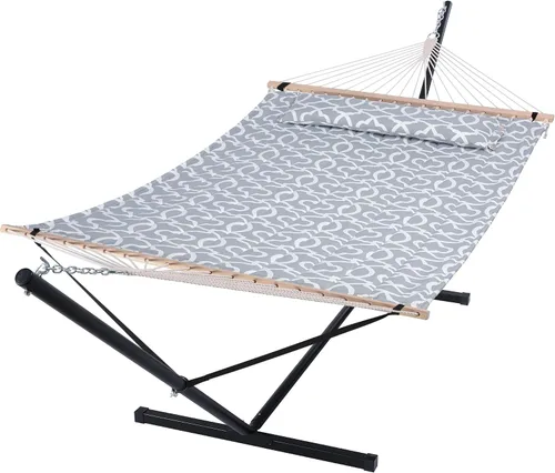 Vista 21 de SUNCREAT Hammocks Hamaca doble extragrande con soporte de 12 pies, capacidad de 475 libras, hamaca portátil al aire libre con barra separadora