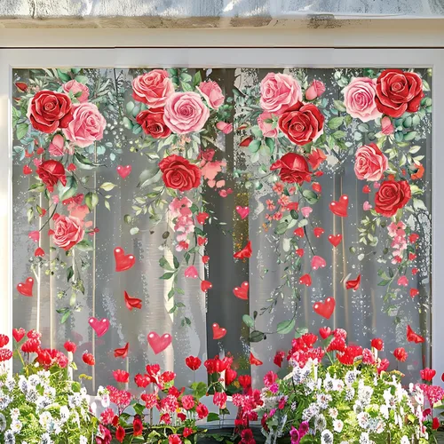 Vista 4 de Whaline 9 hojas de calcomanías florales de San Valentín para ventana, diseño de rosas de primavera, hojas de eucalipto, calcomanías de vidrio